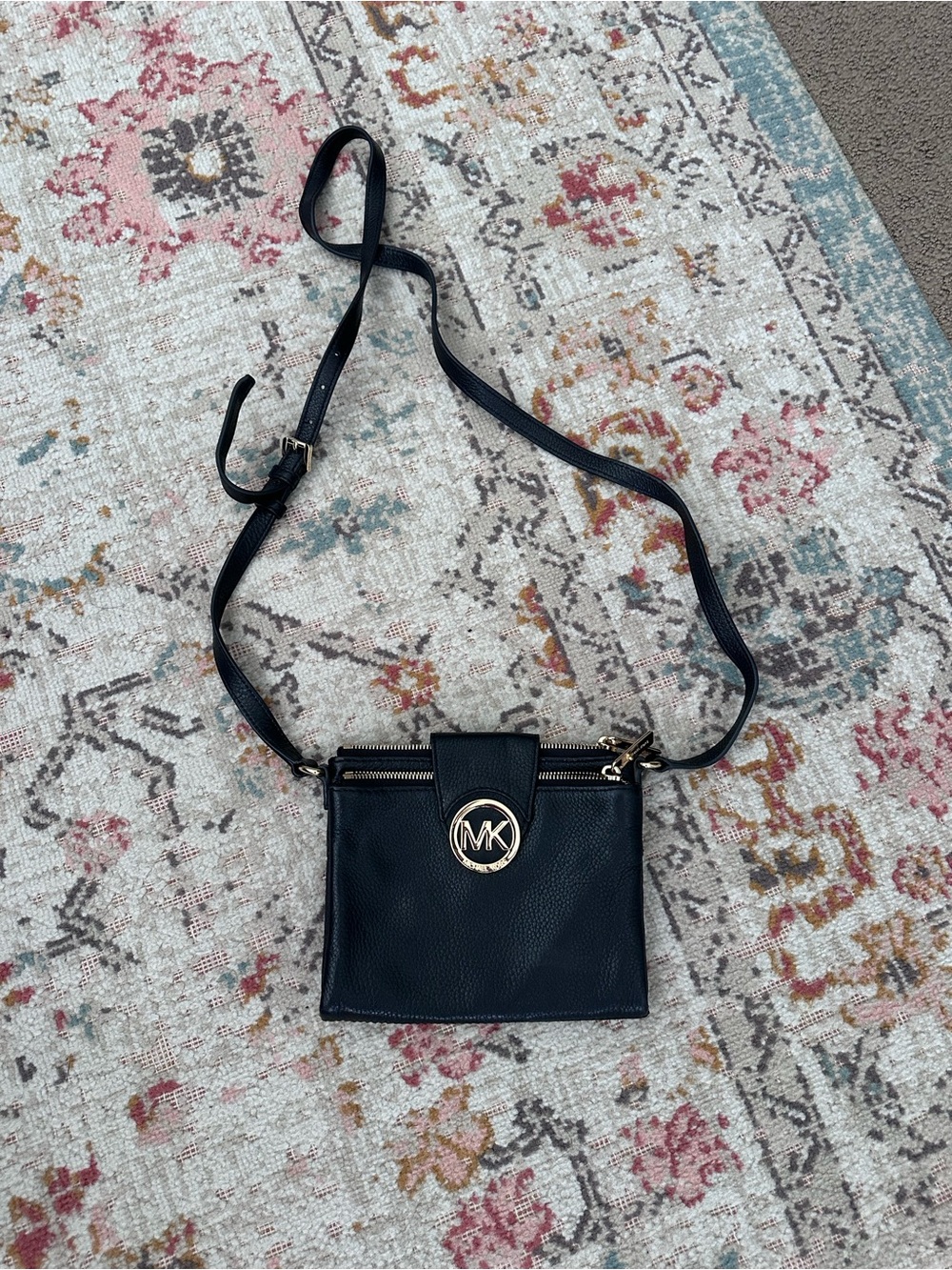 Michael Kors Black Pebbled Leather Crossbody with Gold MK Emblem
